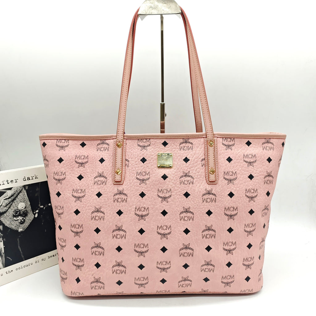 MCM Visetos Tote Bag Soft Pink Black Gold Hardware