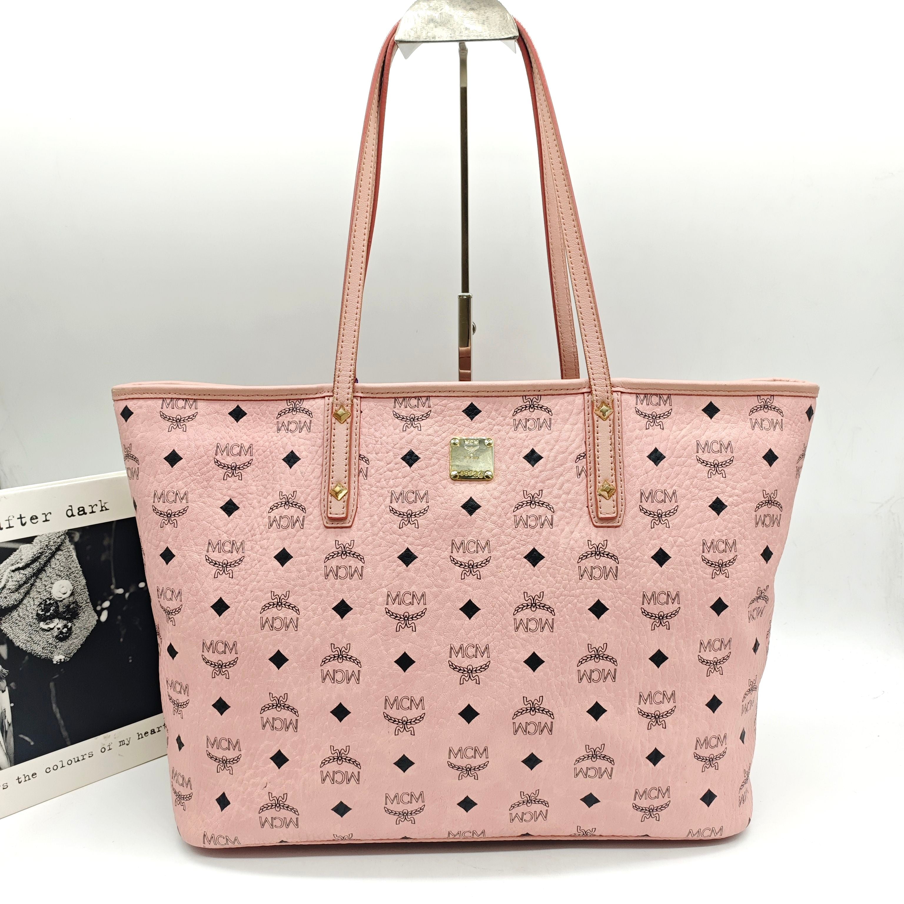 MCM Visetos Tote Bag Soft Pink Black Gold Hardware