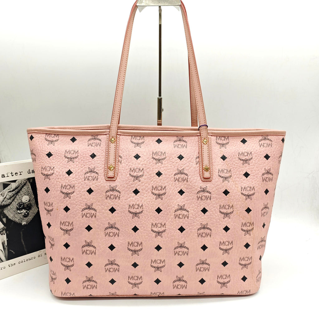 MCM Visetos Tote Bag Soft Pink Black Gold Hardware