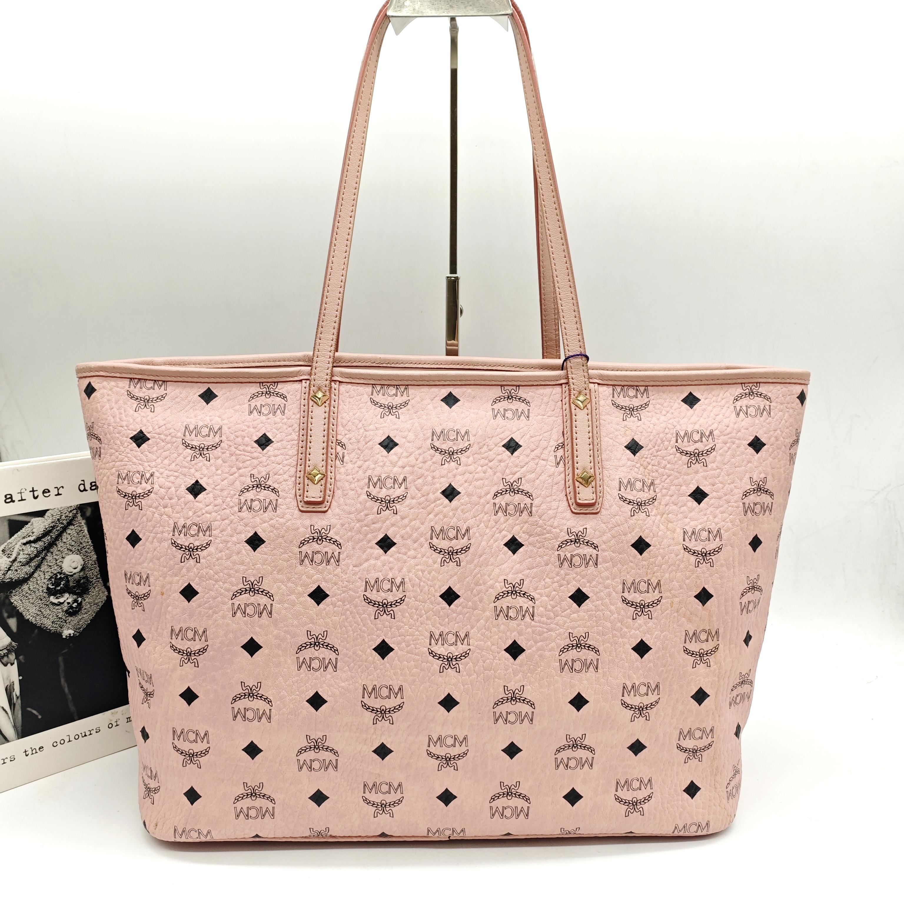 MCM Visetos Tote Bag Soft Pink Black Gold Hardware