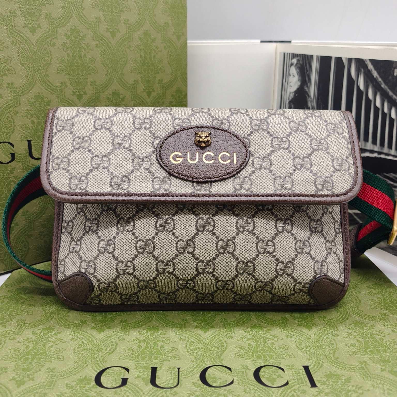 Gucci GG Supreme Belt Bag Beige/Ebony Brown Leather Gold Hardware