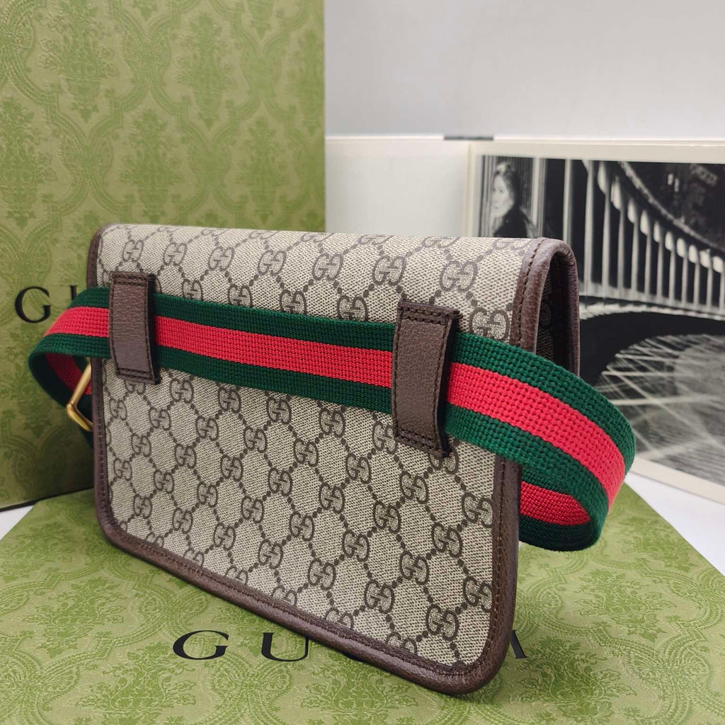 Gucci GG Supreme Belt Bag Beige/Ebony Brown Leather Gold Hardware