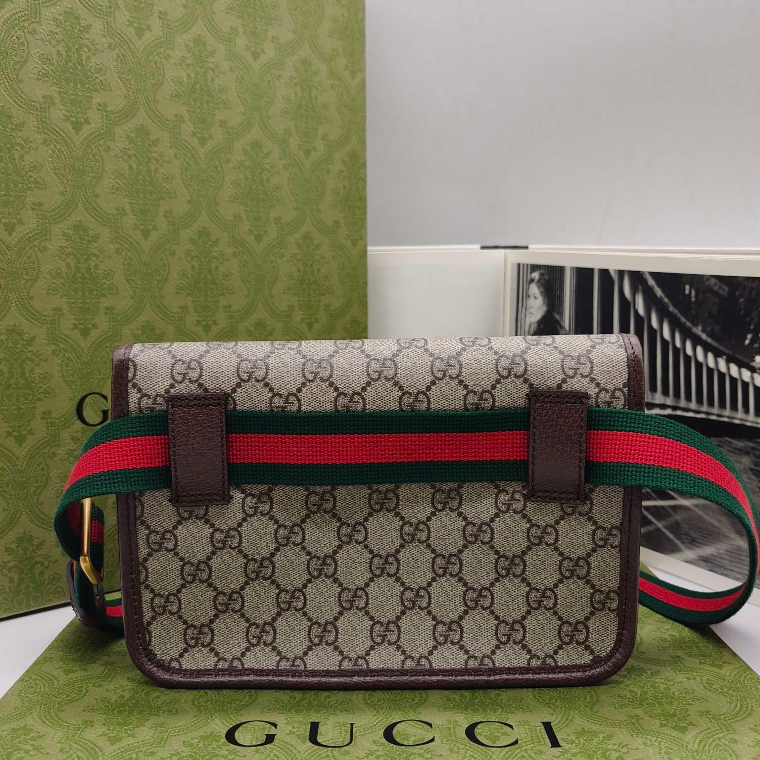 Gucci GG Supreme Belt Bag Beige/Ebony Brown Leather Gold Hardware