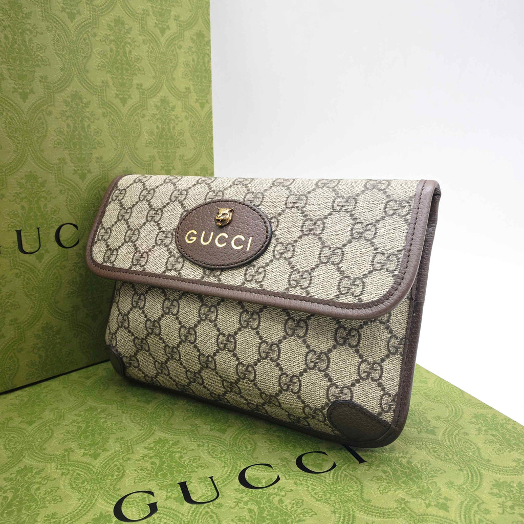 Gucci GG Supreme Belt Bag Beige/Ebony Brown Leather Gold Hardware