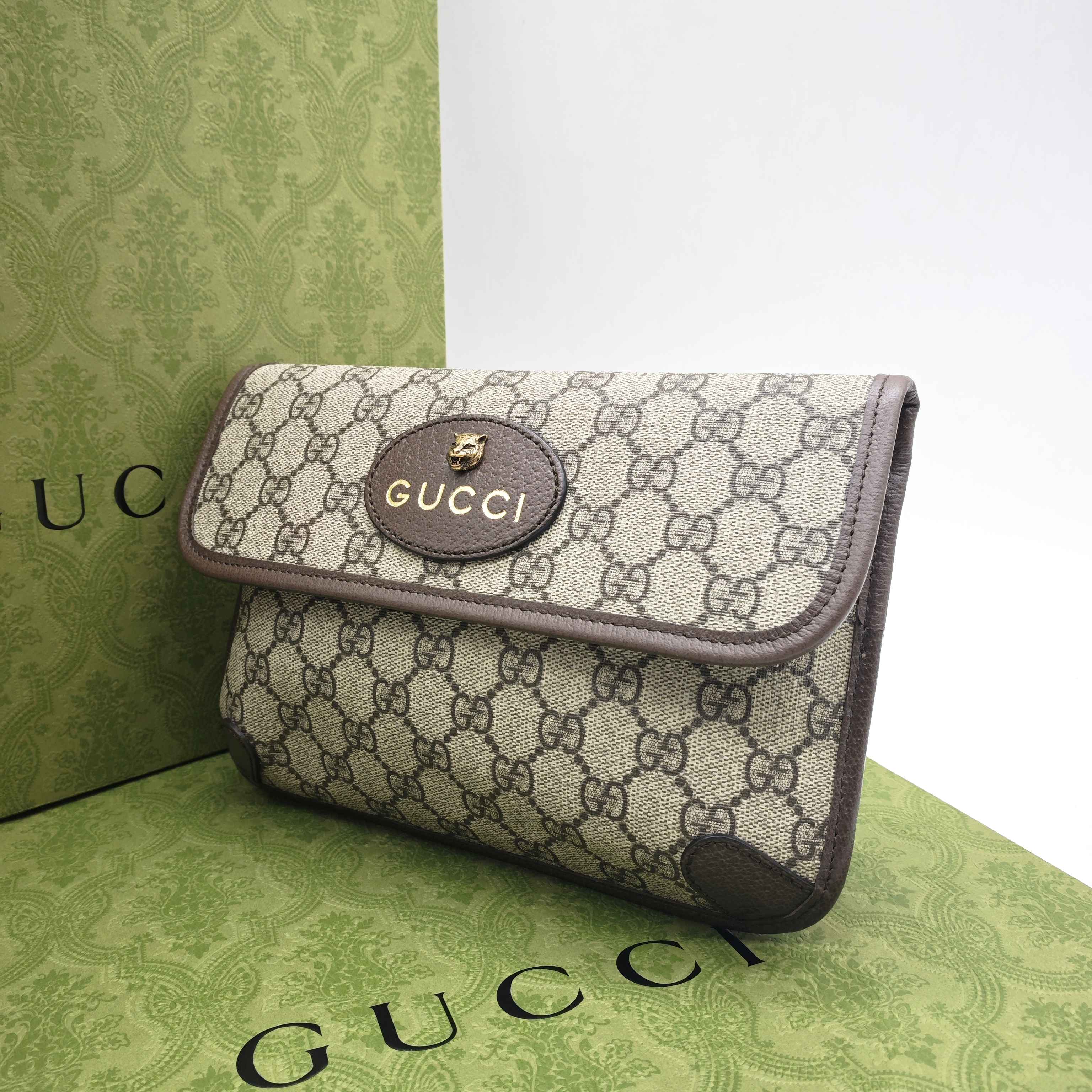 Gucci GG Supreme Belt Bag Beige/Ebony Brown Leather Gold Hardware
