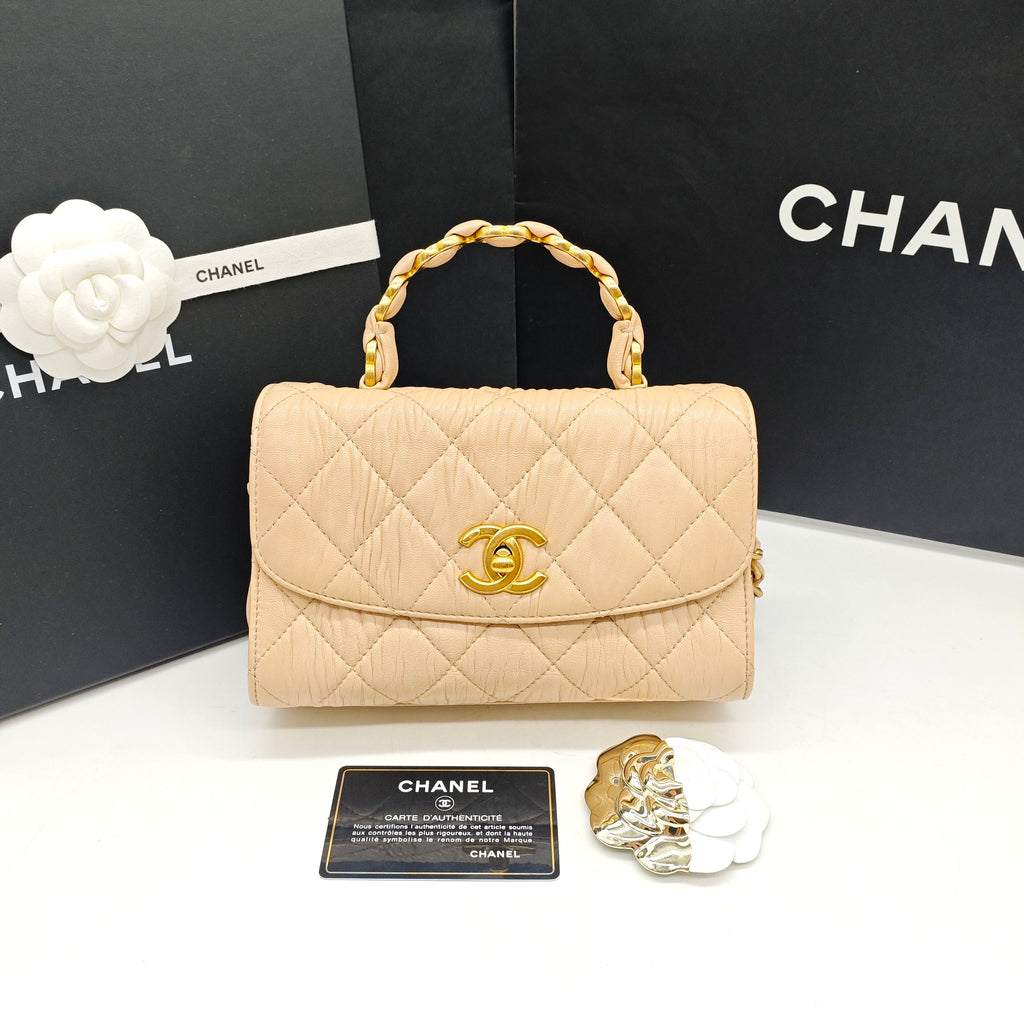Chanel Classic Top Handle Handbag Beige Quilted Leather Gold Hardware