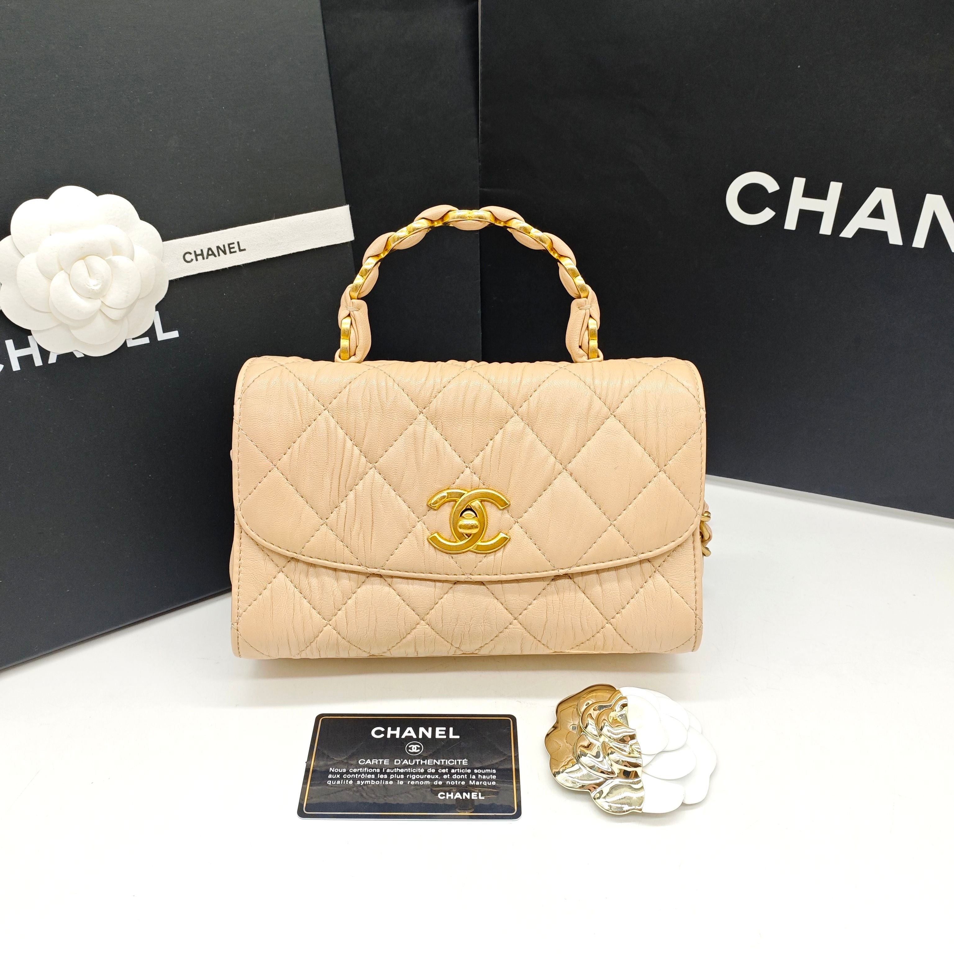 Chanel Classic Top Handle Handbag Beige Quilted Leather Gold Hardware