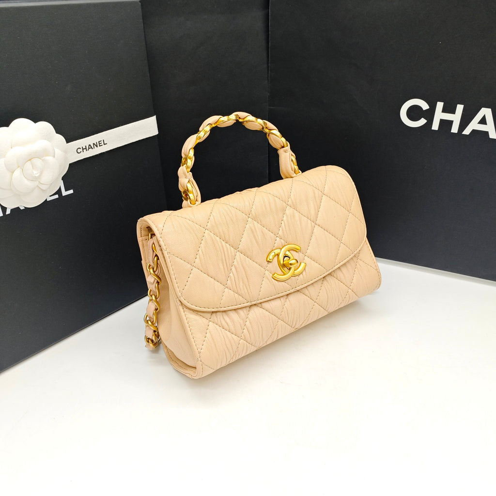 Chanel Classic Top Handle Handbag Beige Quilted Leather Gold Hardware