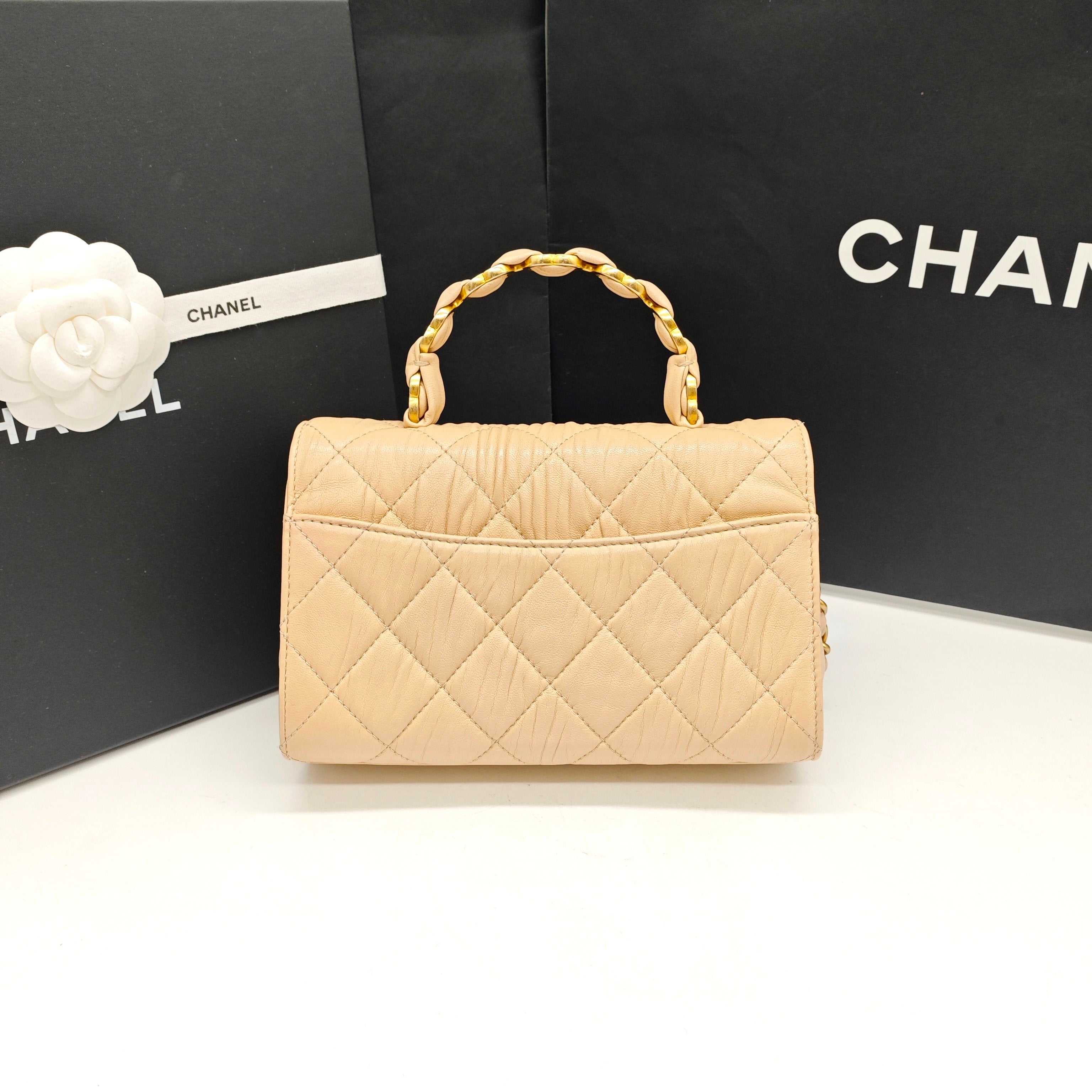 Chanel Classic Top Handle Handbag Beige Quilted Leather Gold Hardware