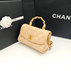 Chanel Classic Top Handle Handbag Beige Quilted Leather Gold Hardware