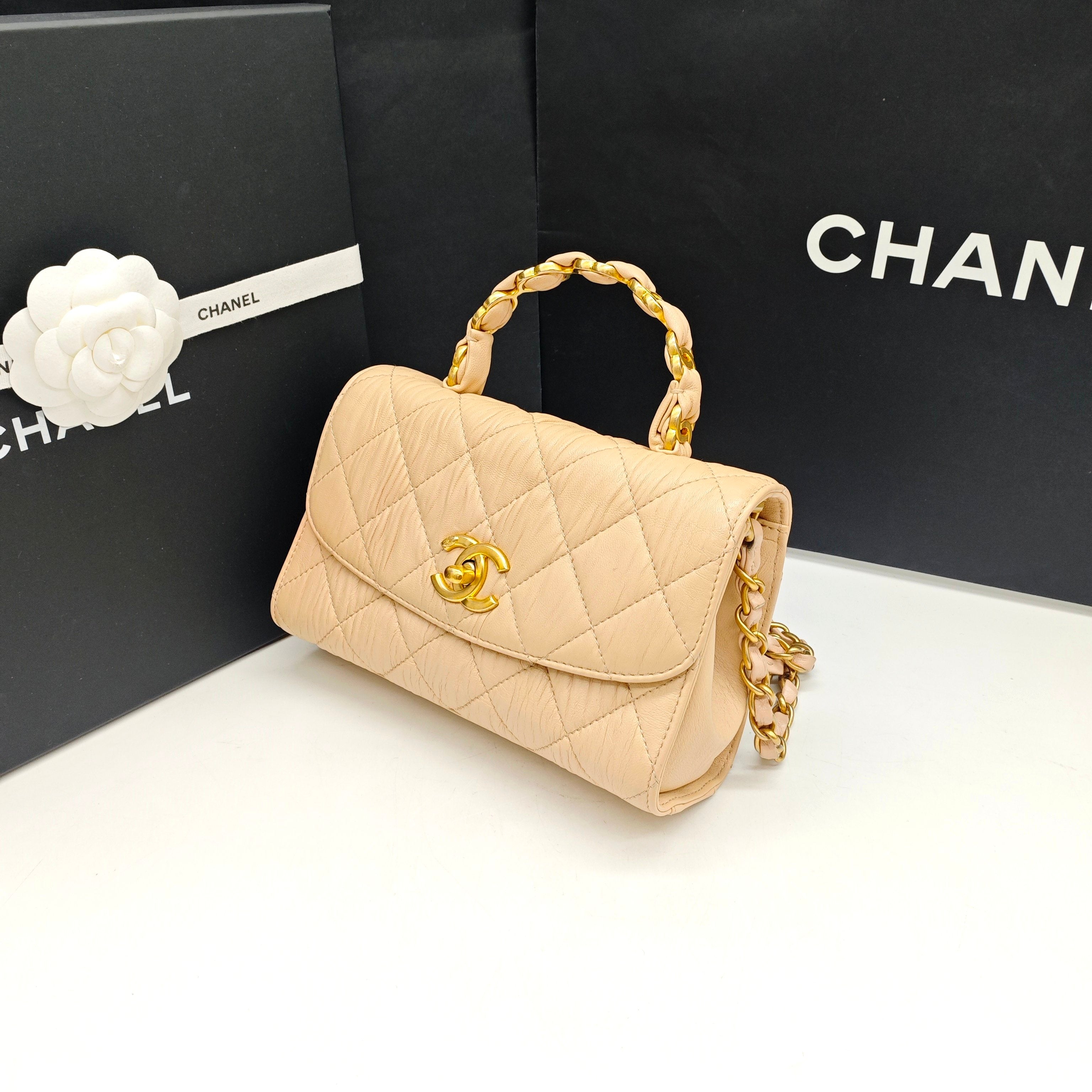 Chanel Classic Top Handle Handbag Beige Quilted Leather Gold Hardware