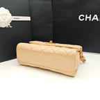 Chanel Classic Top Handle Handbag Beige Quilted Leather Gold Hardware