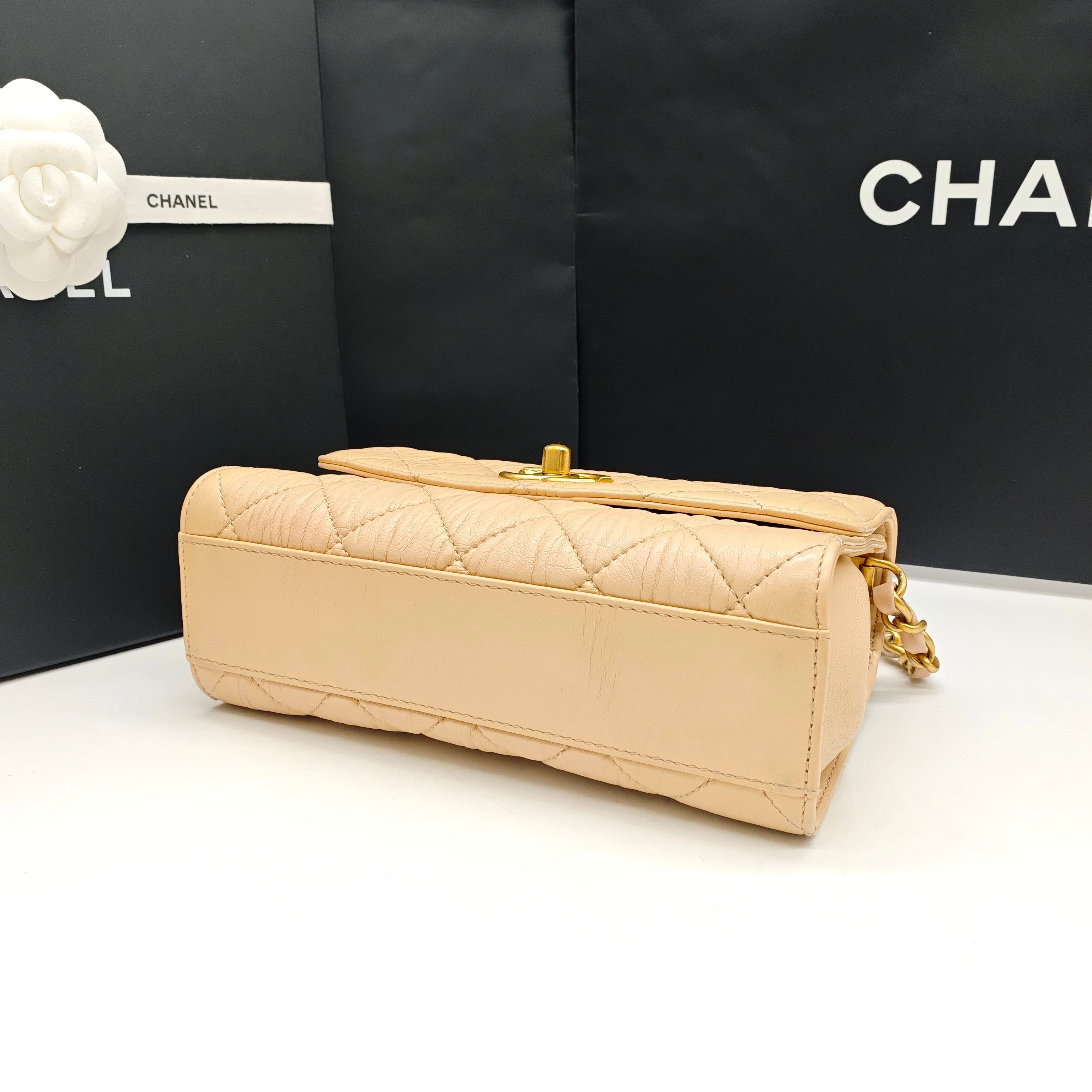 Chanel Classic Top Handle Handbag Beige Quilted Leather Gold Hardware