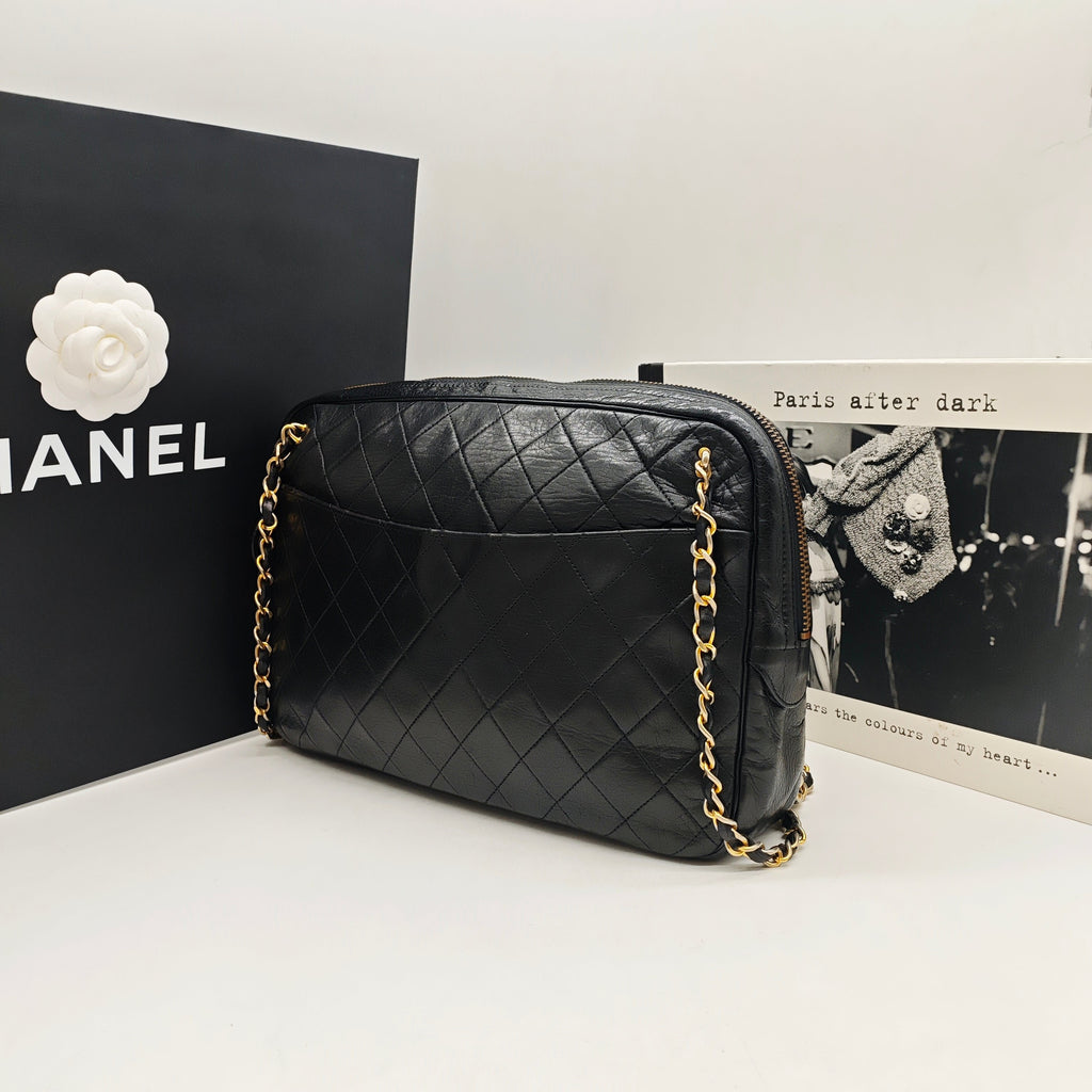 Chanel Vintage Camera Bag Black Quilted Leather Gold Hardware