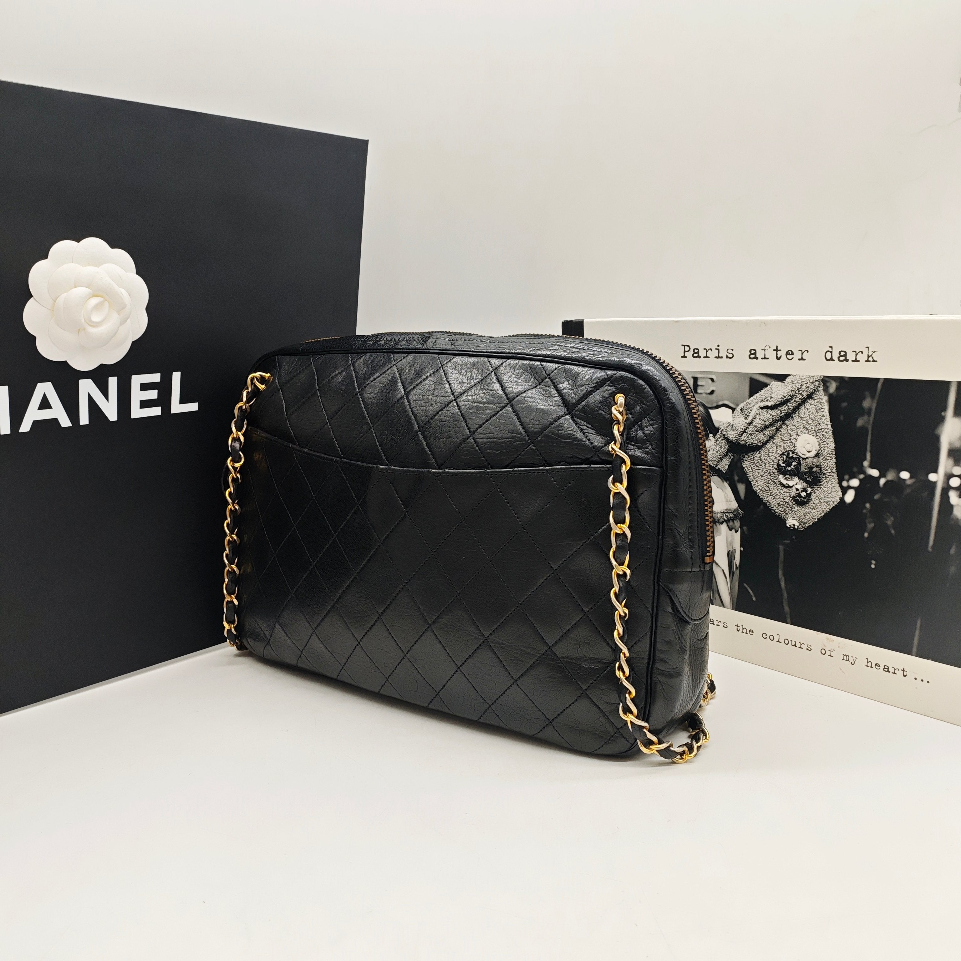 Chanel Vintage Camera Bag Black Quilted Leather Gold Hardware
