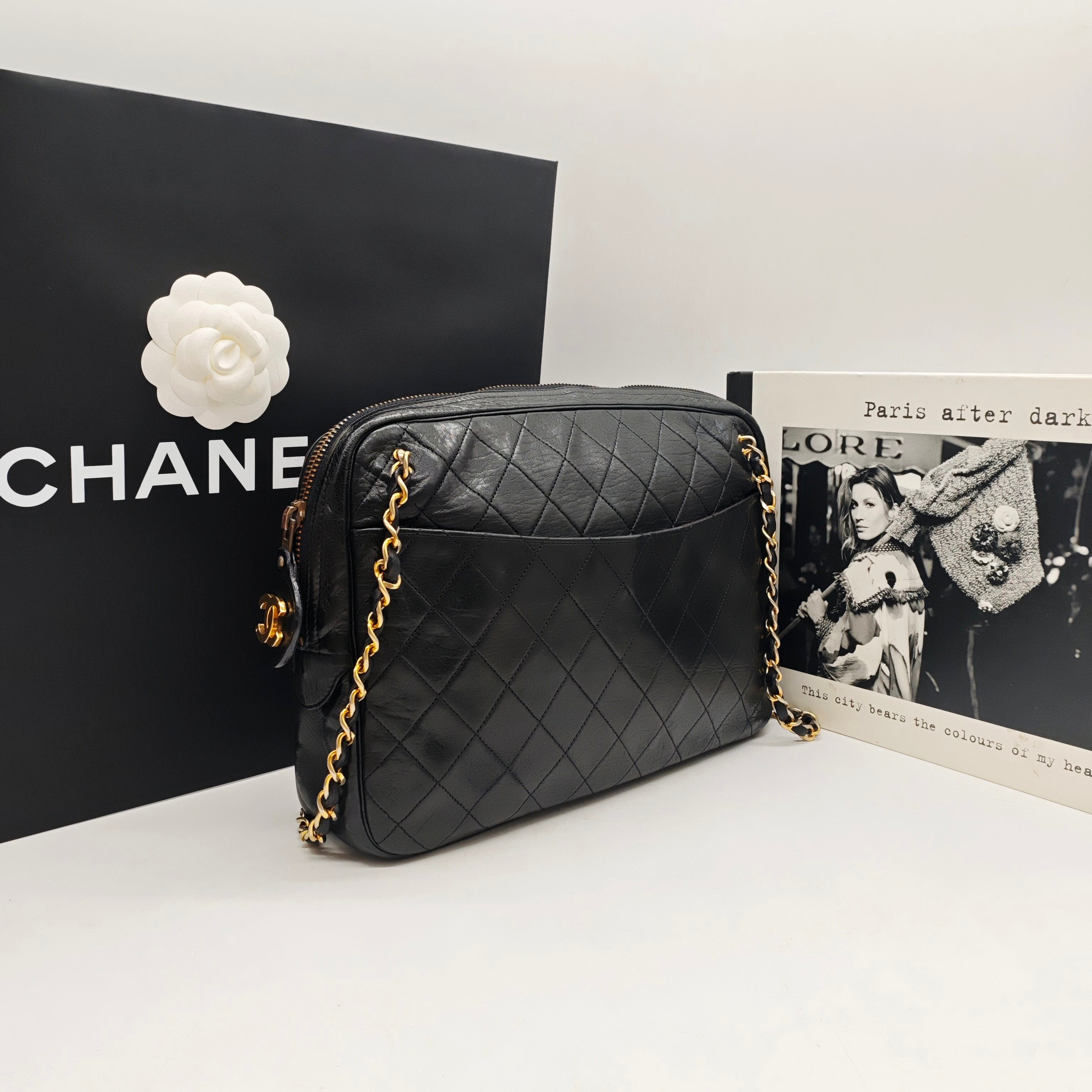 Chanel Vintage Camera Bag Black Quilted Leather Gold Hardware