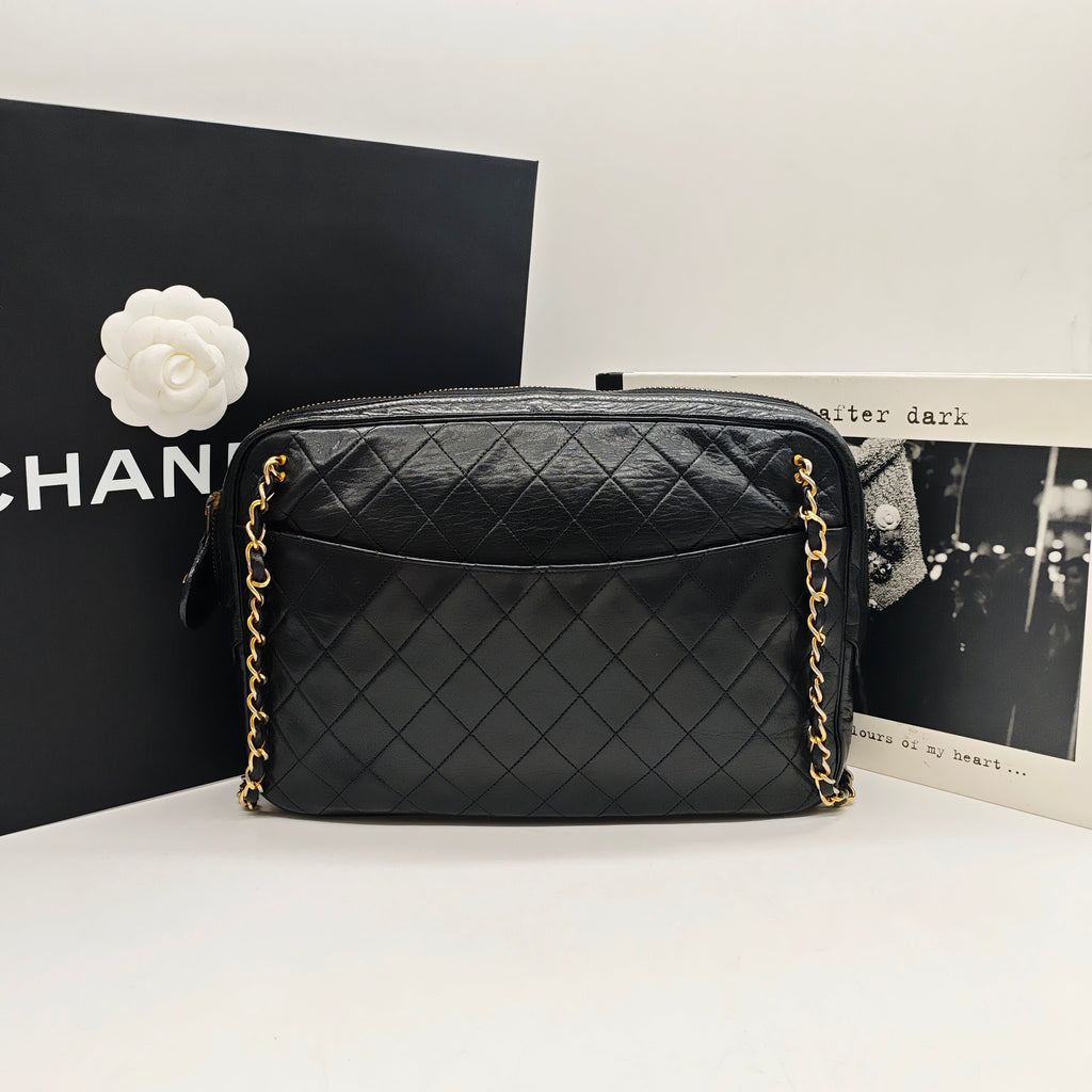 Chanel Vintage Camera Bag Black Quilted Leather Gold Hardware