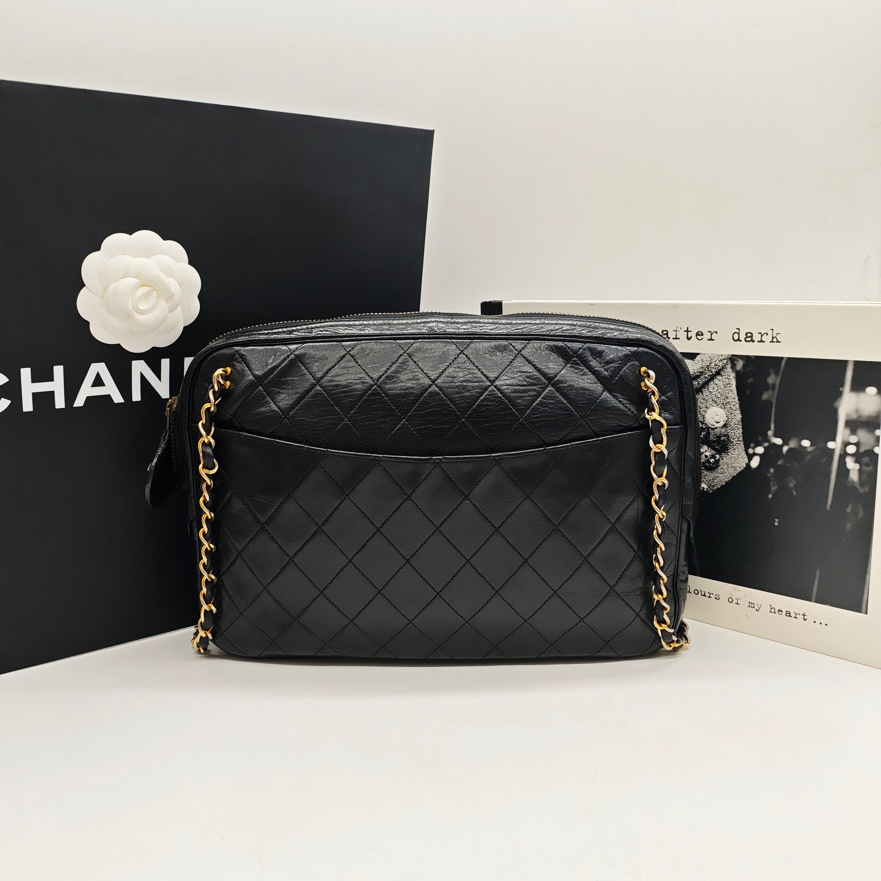 Chanel Vintage Camera Bag Black Quilted Leather Gold Hardware