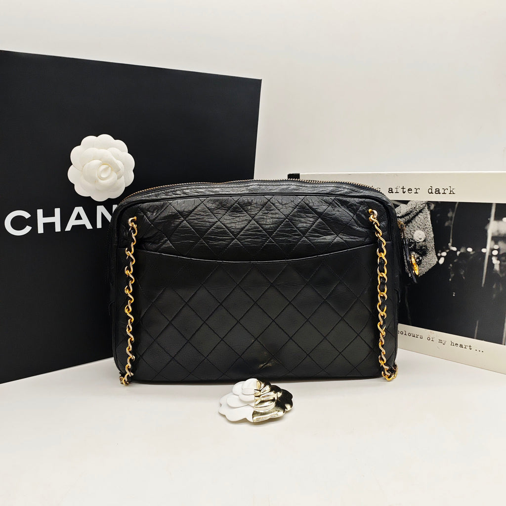 Chanel Vintage Camera Bag Black Quilted Leather Gold Hardware