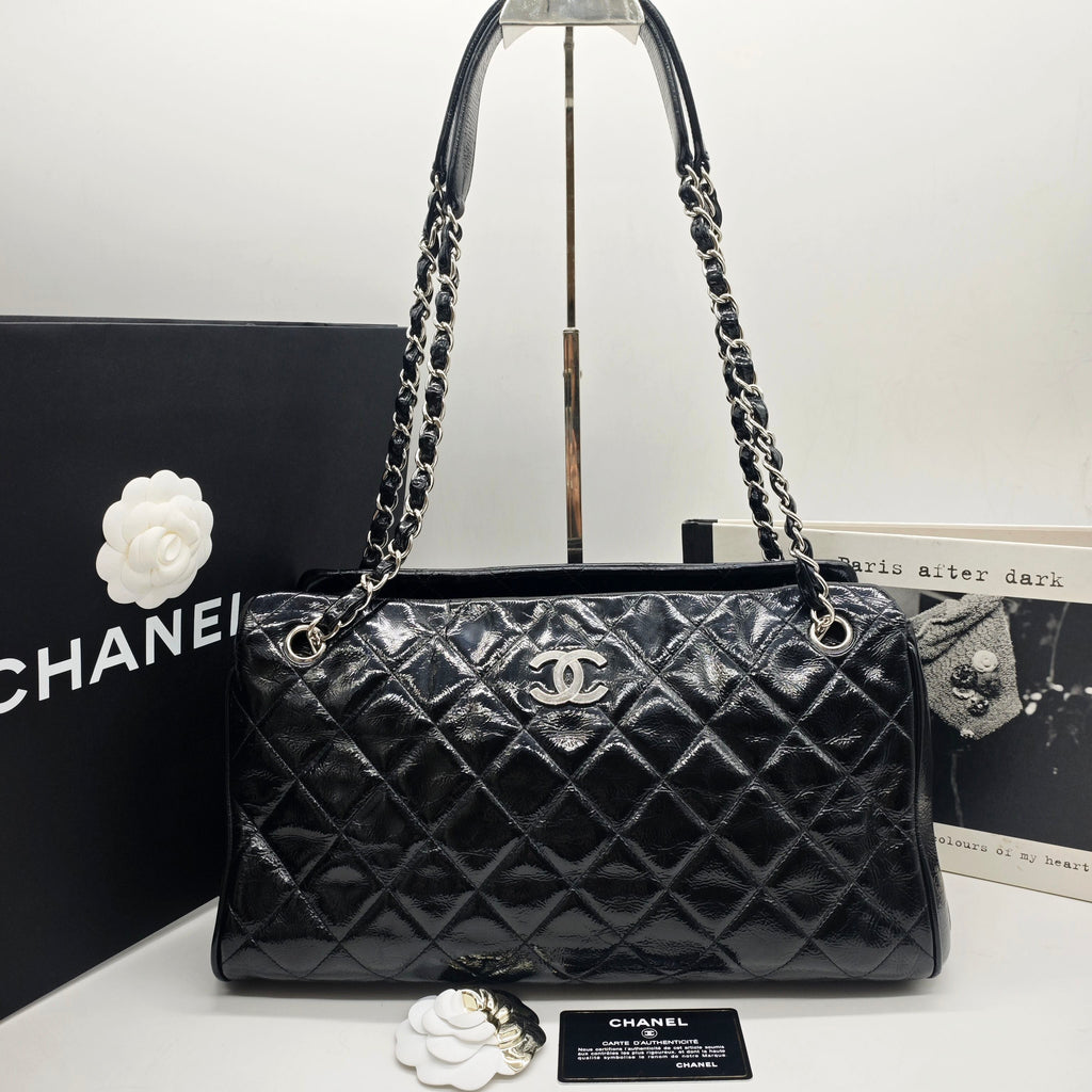 Chanel Quilted Tote Bag Black Patent Leather Silver Hardware