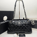 Chanel Quilted Tote Bag Black Patent Leather Silver Hardware