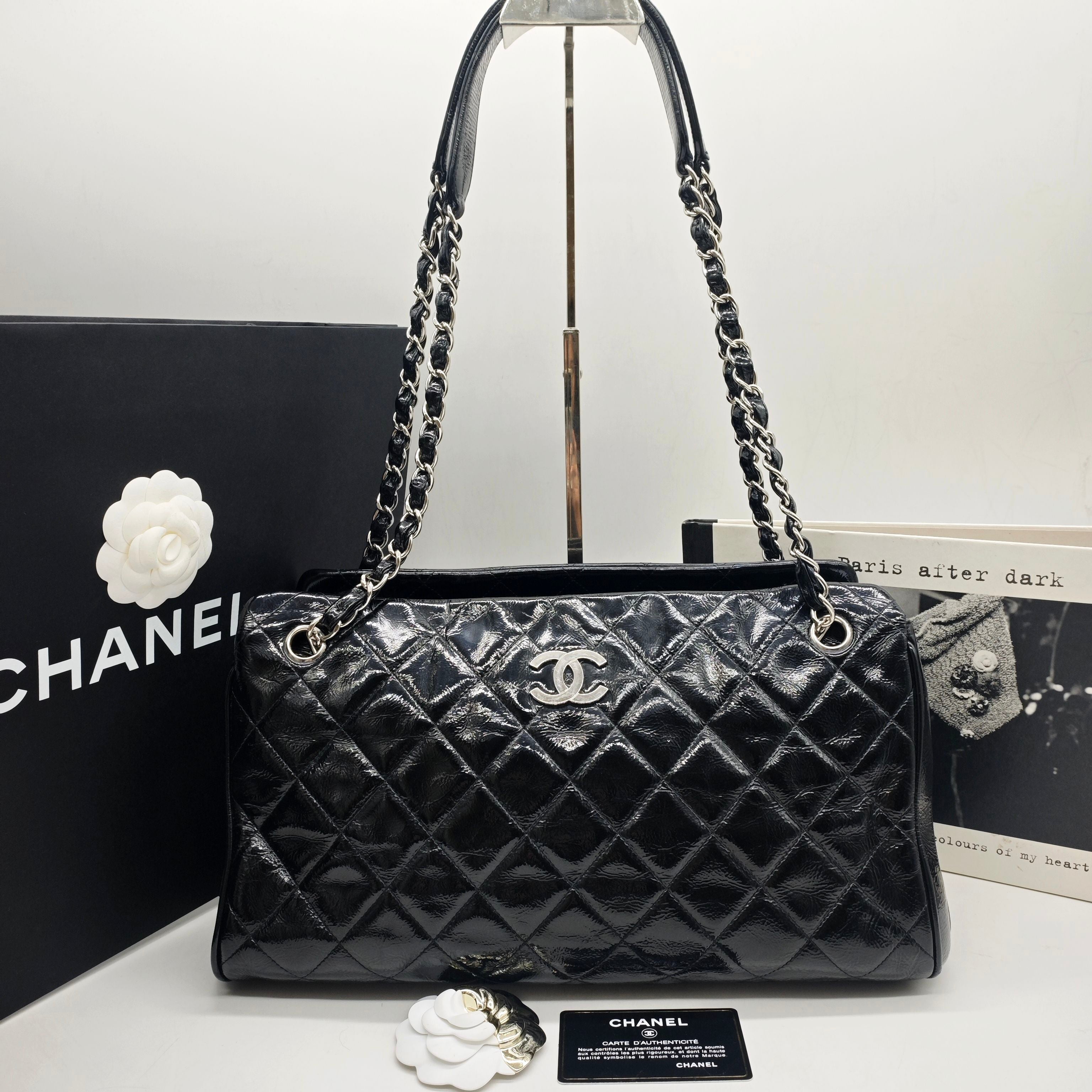 Chanel Quilted Tote Bag Black Patent Leather Silver Hardware