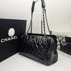 Chanel Quilted Tote Bag Black Patent Leather Silver Hardware