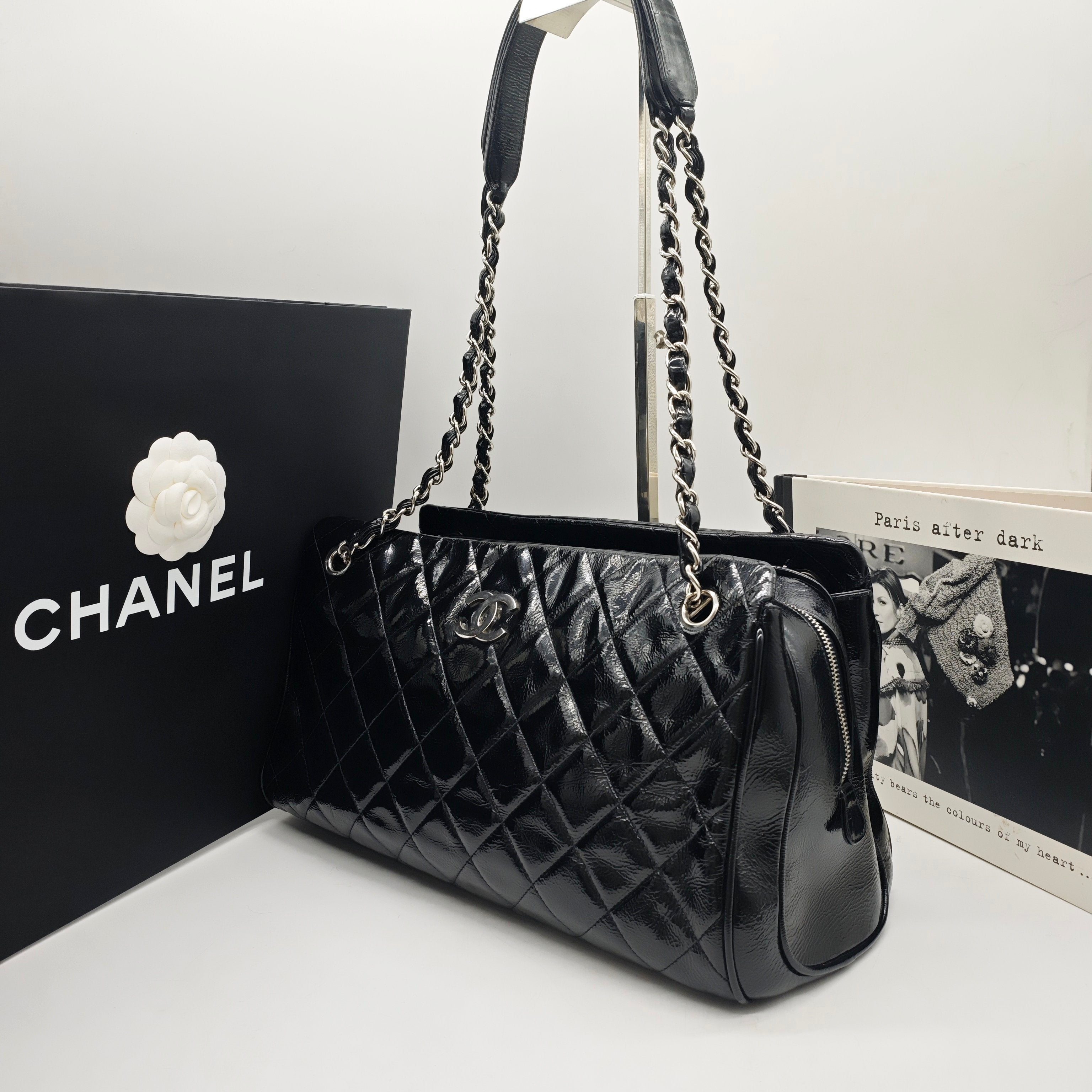 Chanel Quilted Tote Bag Black Patent Leather Silver Hardware