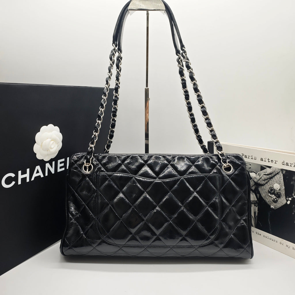 Chanel Quilted Tote Bag Black Patent Leather Silver Hardware