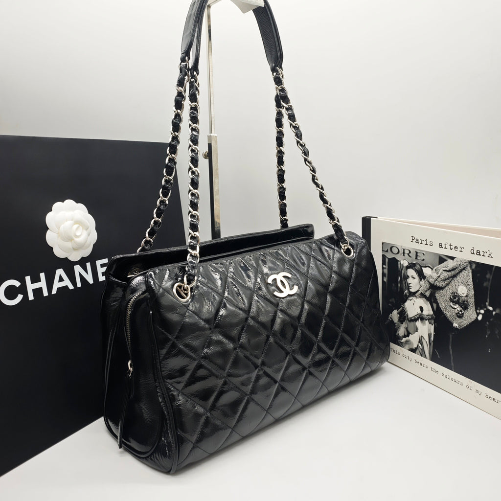 Chanel Quilted Tote Bag Black Patent Leather Silver Hardware