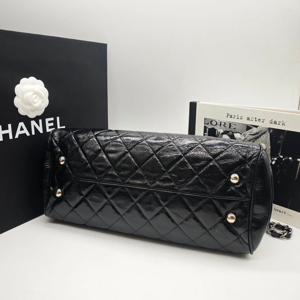 Chanel Quilted Tote Bag Black Patent Leather Silver Hardware