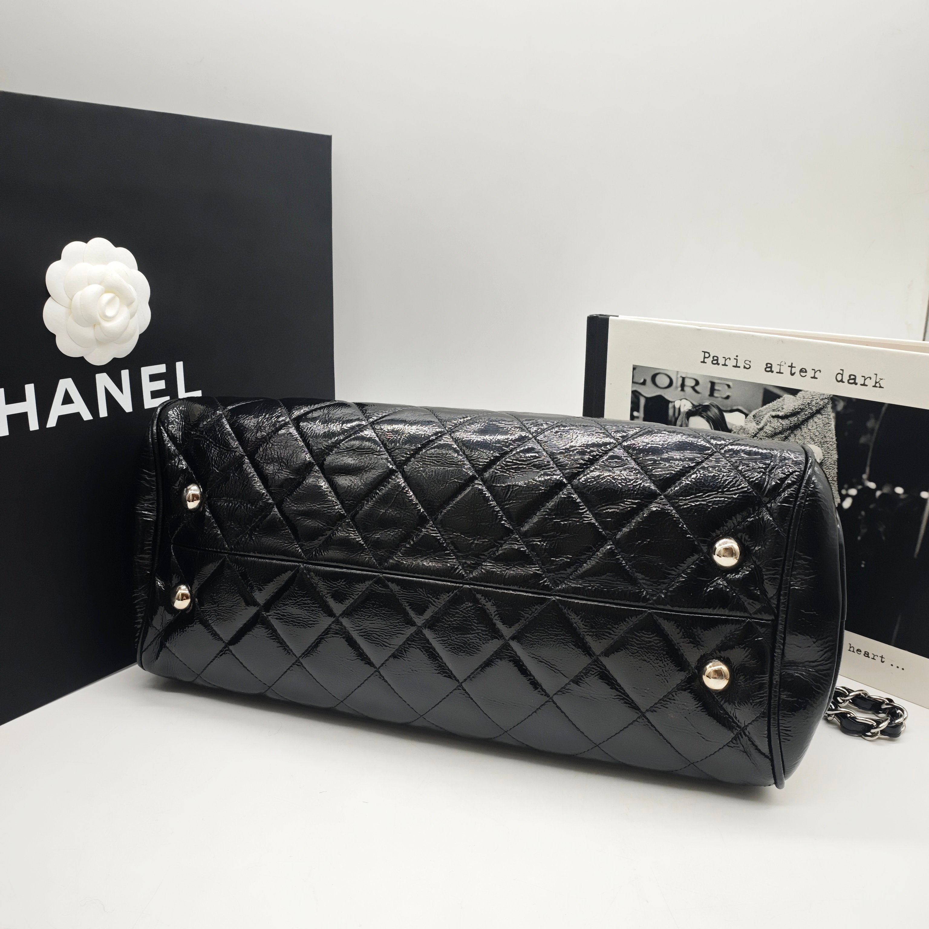 Chanel Quilted Tote Bag Black Patent Leather Silver Hardware