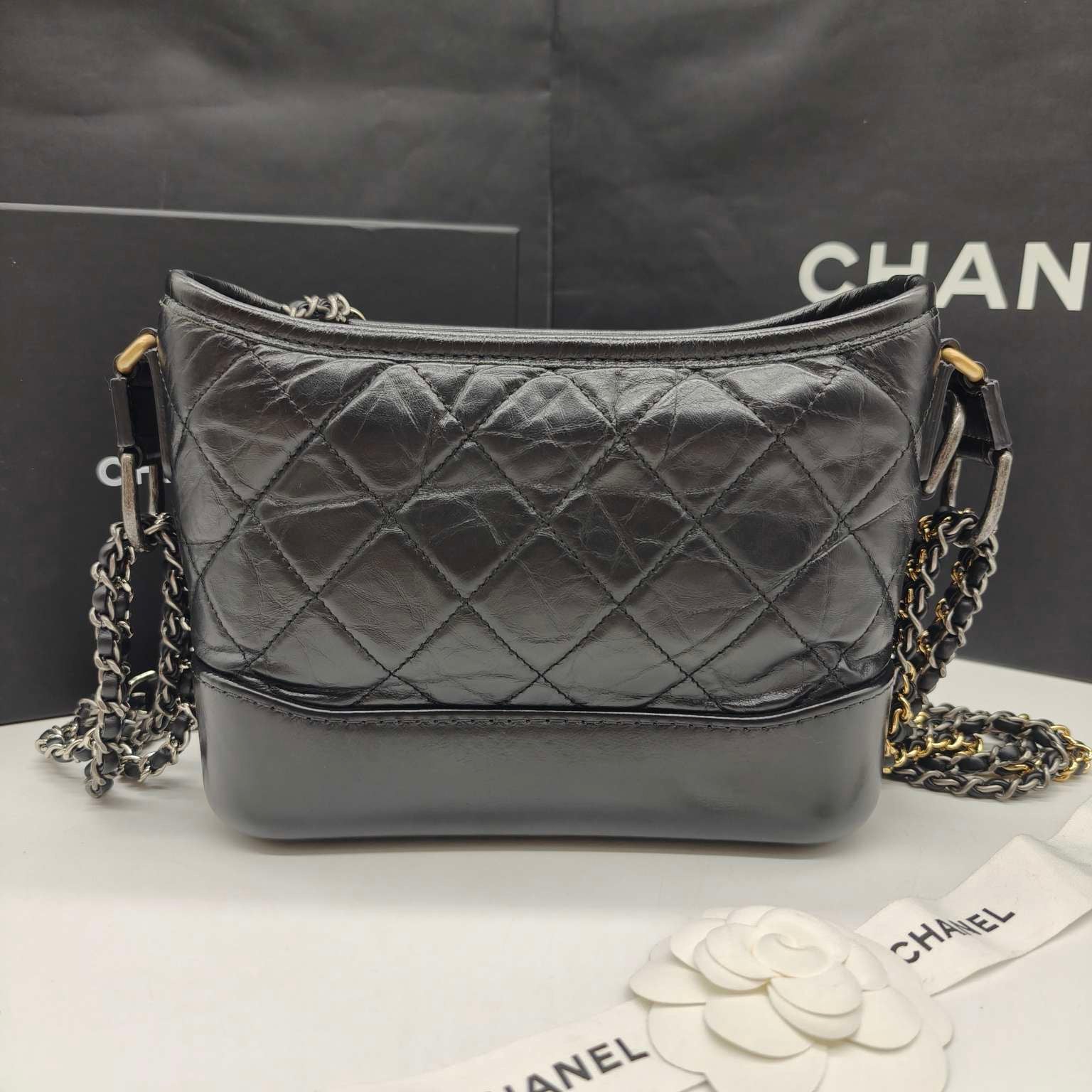 Chanel Gabrielle Hobo Handbag Black Quilted Aged Lambskin Gold & Ruthenium Hardware