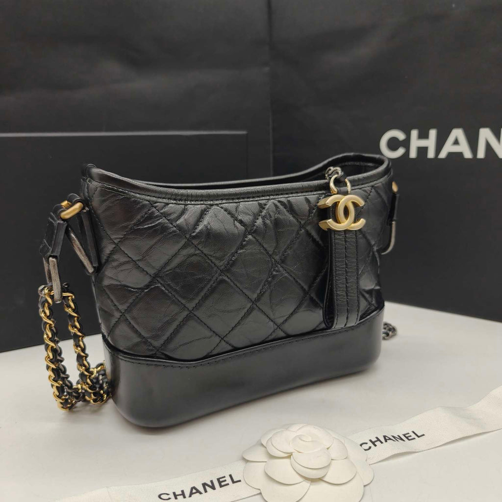 Chanel Gabrielle Hobo Handbag Black Quilted Aged Lambskin Gold & Ruthenium Hardware