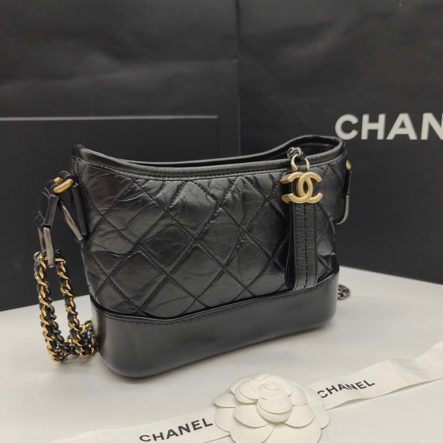 Chanel Gabrielle Hobo Handbag Black Quilted Aged Lambskin Gold & Ruthenium Hardware
