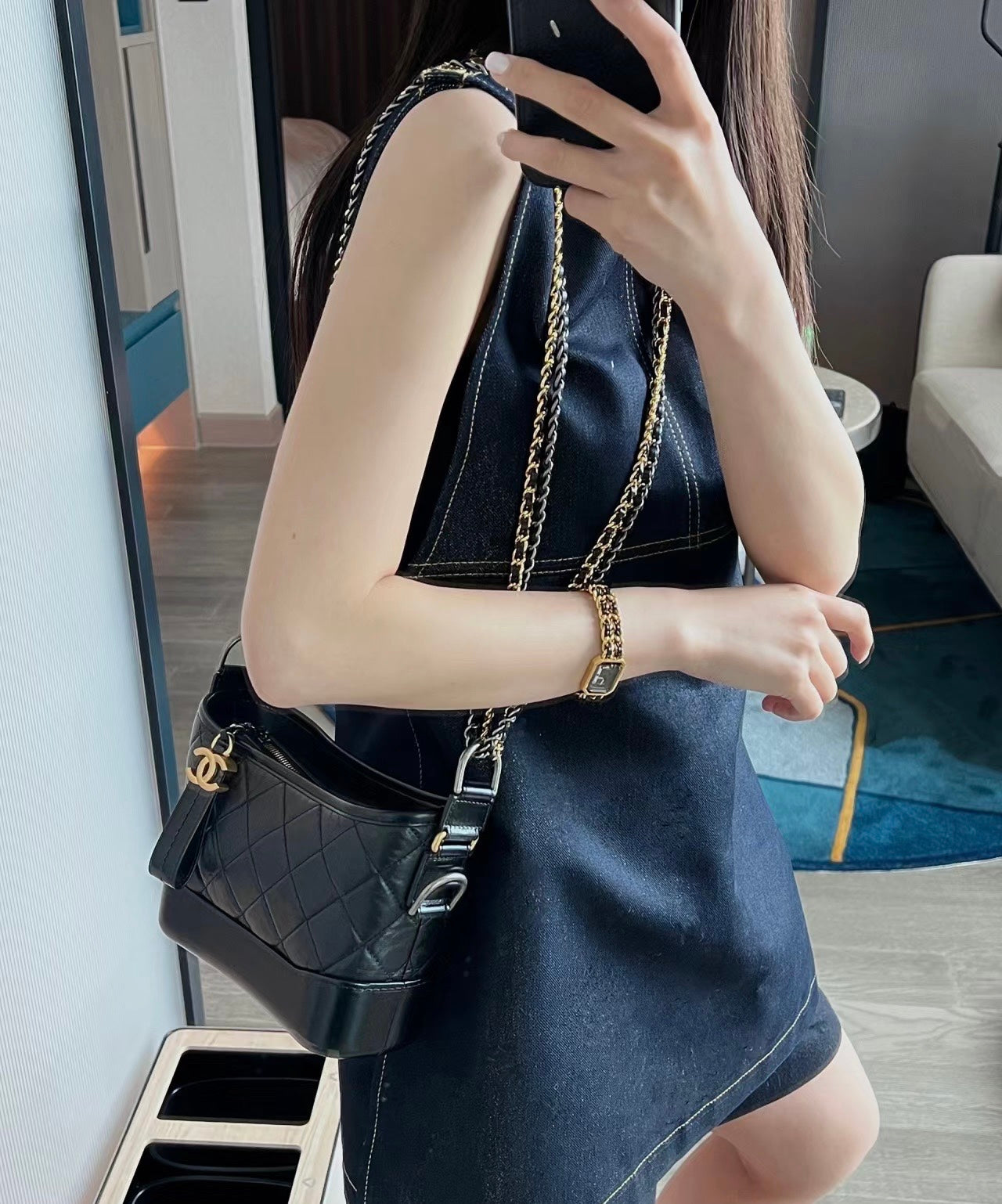 Chanel Gabrielle Hobo Handbag Black Quilted Aged Lambskin Gold & Ruthenium Hardware
