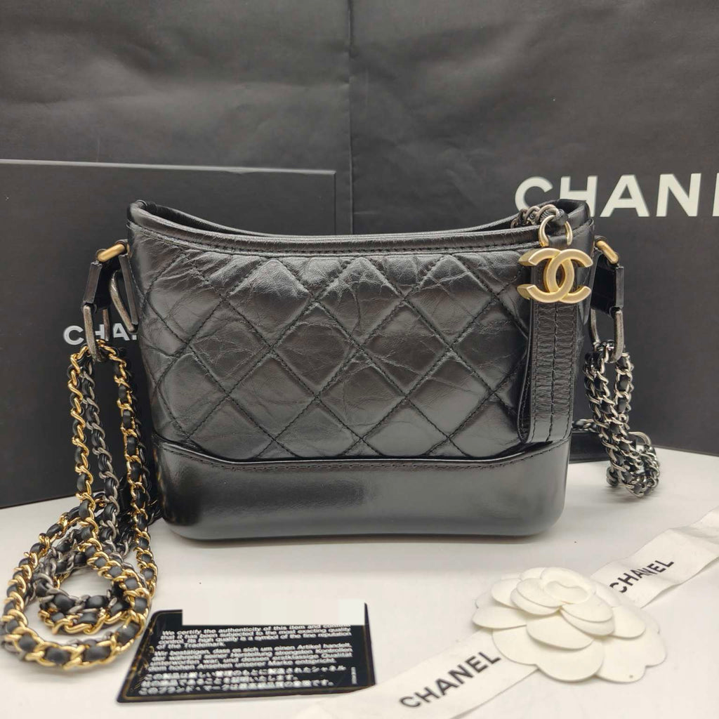 Chanel Gabrielle Hobo Handbag Black Quilted Aged Lambskin Gold & Ruthenium Hardware