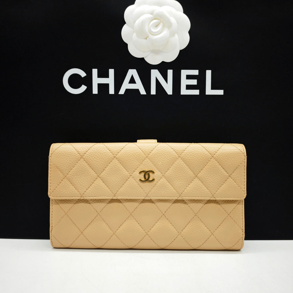 Chanel Classic Continental Flap Wallet Beige Caviar Leather Gold Hardware