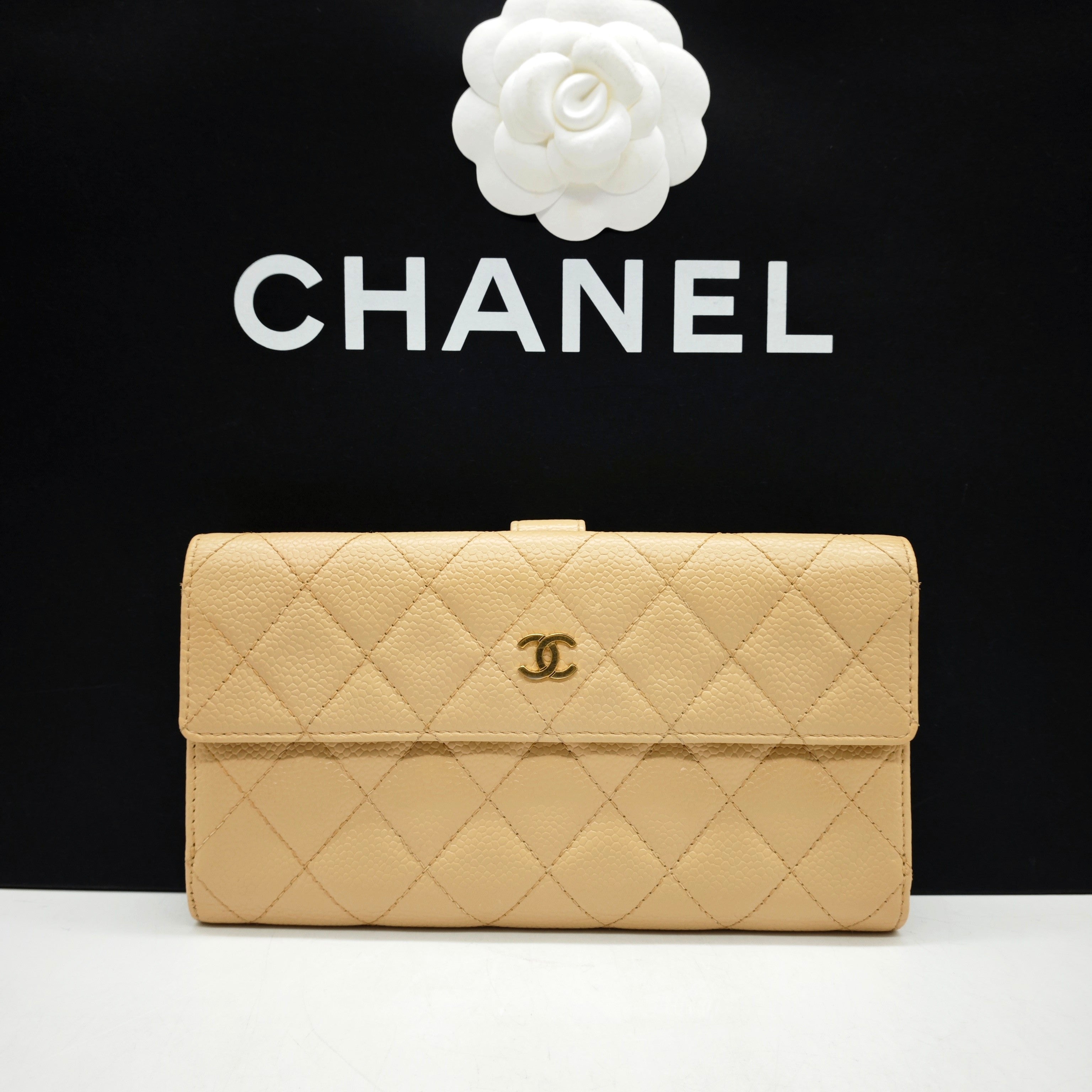 Chanel Classic Continental Flap Wallet Beige Caviar Leather Gold Hardware