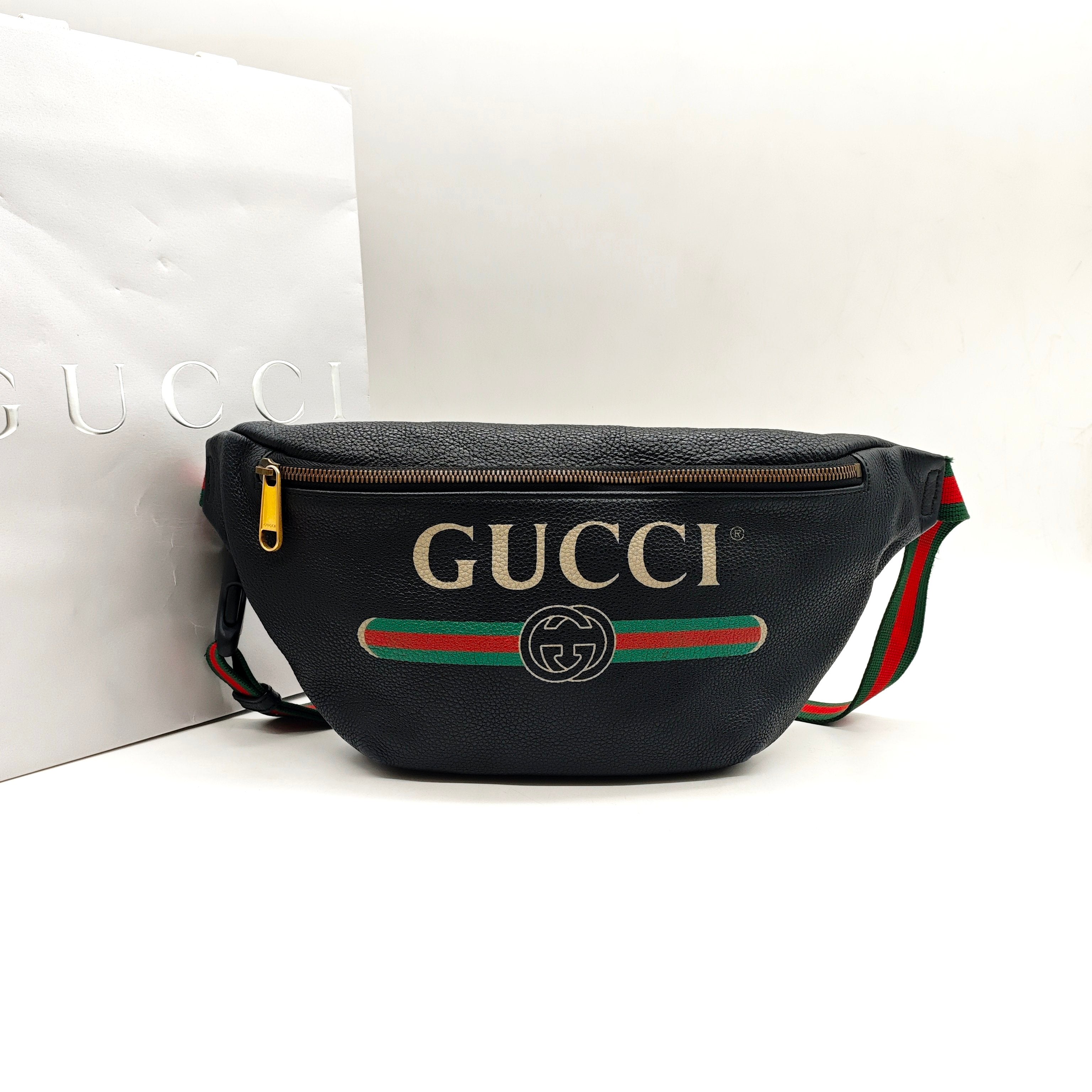 Gucci Print Belt Bag Black Pebbled Leather Gold Hardware