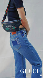 Gucci Print Belt Bag Black Pebbled Leather Gold Hardware