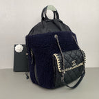 Chanel Fuzzy Backpack Navy Blue Bouclé Black Quilted Silver Hardware