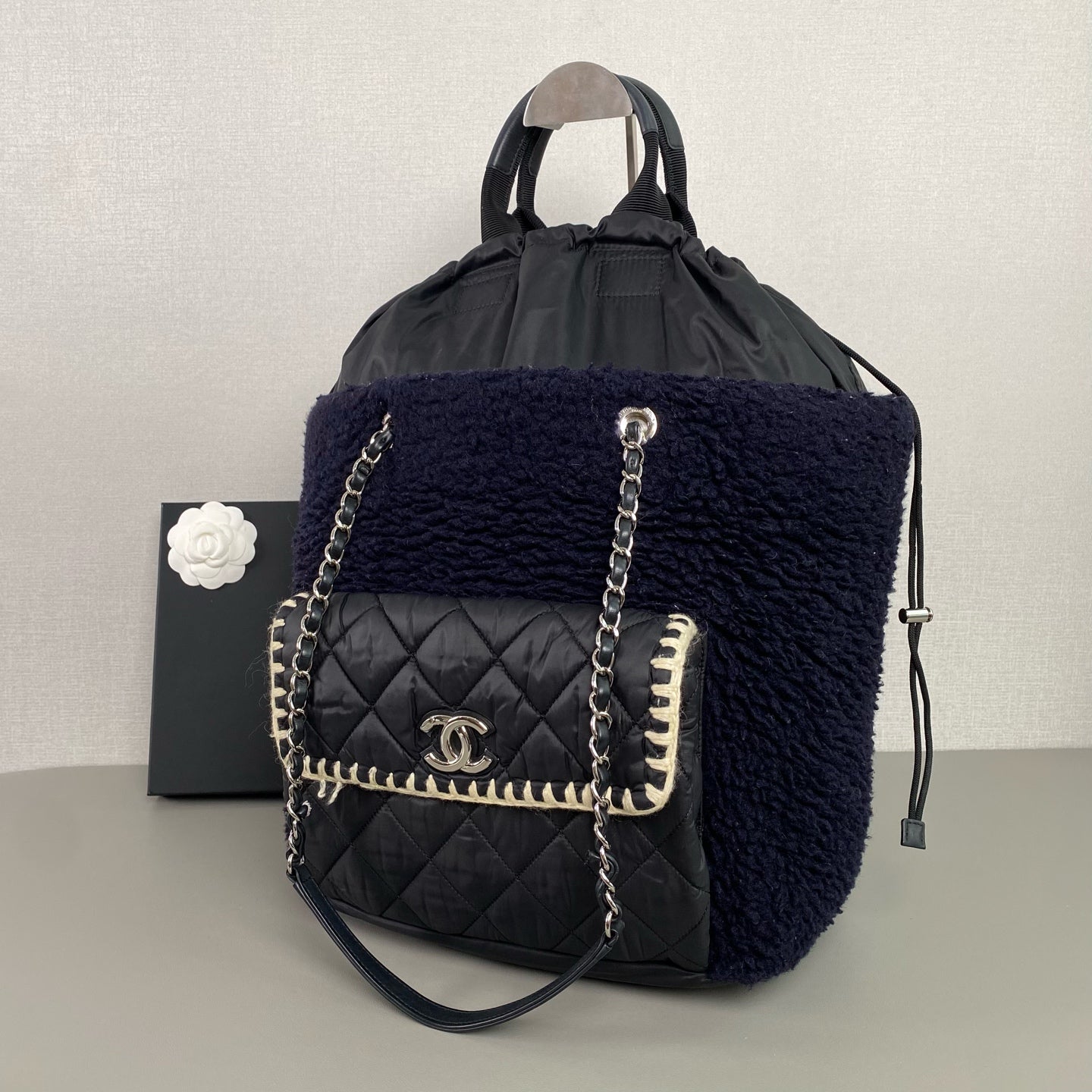 Chanel Fuzzy Backpack Navy Blue Bouclé Black Quilted Silver Hardware