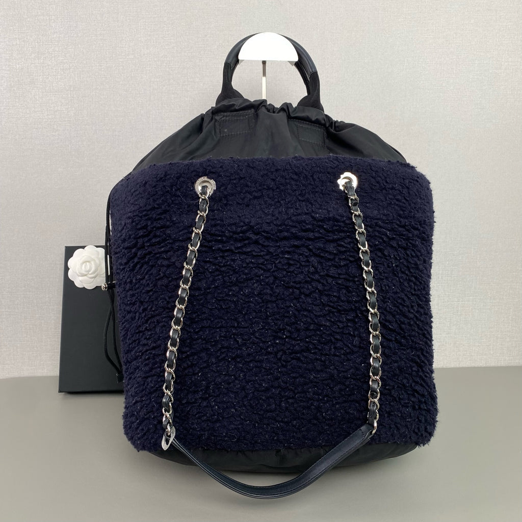 Chanel Fuzzy Backpack Navy Blue Bouclé Black Quilted Silver Hardware