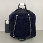 Chanel Fuzzy Backpack Navy Blue Bouclé Black Quilted Silver Hardware
