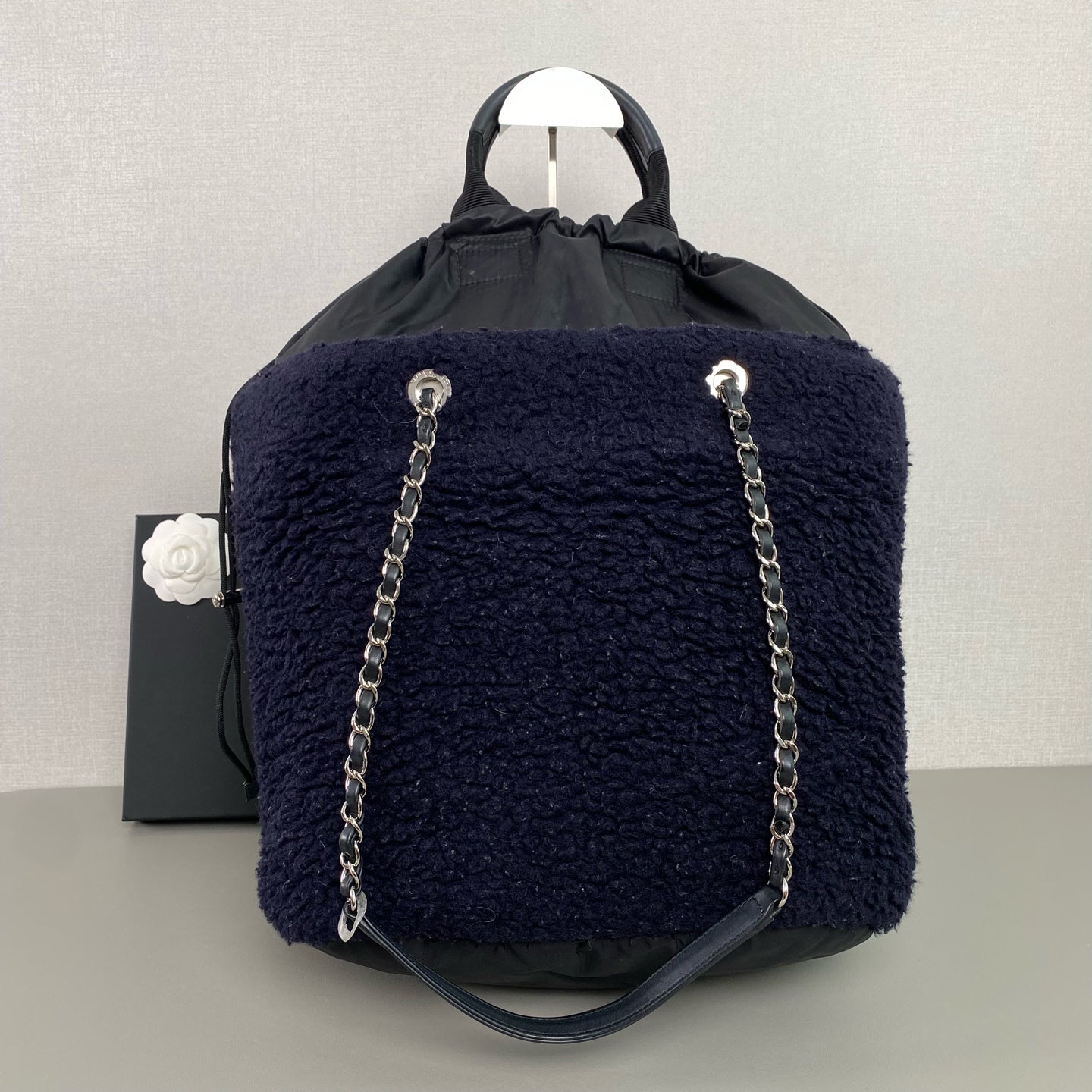 Chanel Fuzzy Backpack Navy Blue Bouclé Black Quilted Silver Hardware