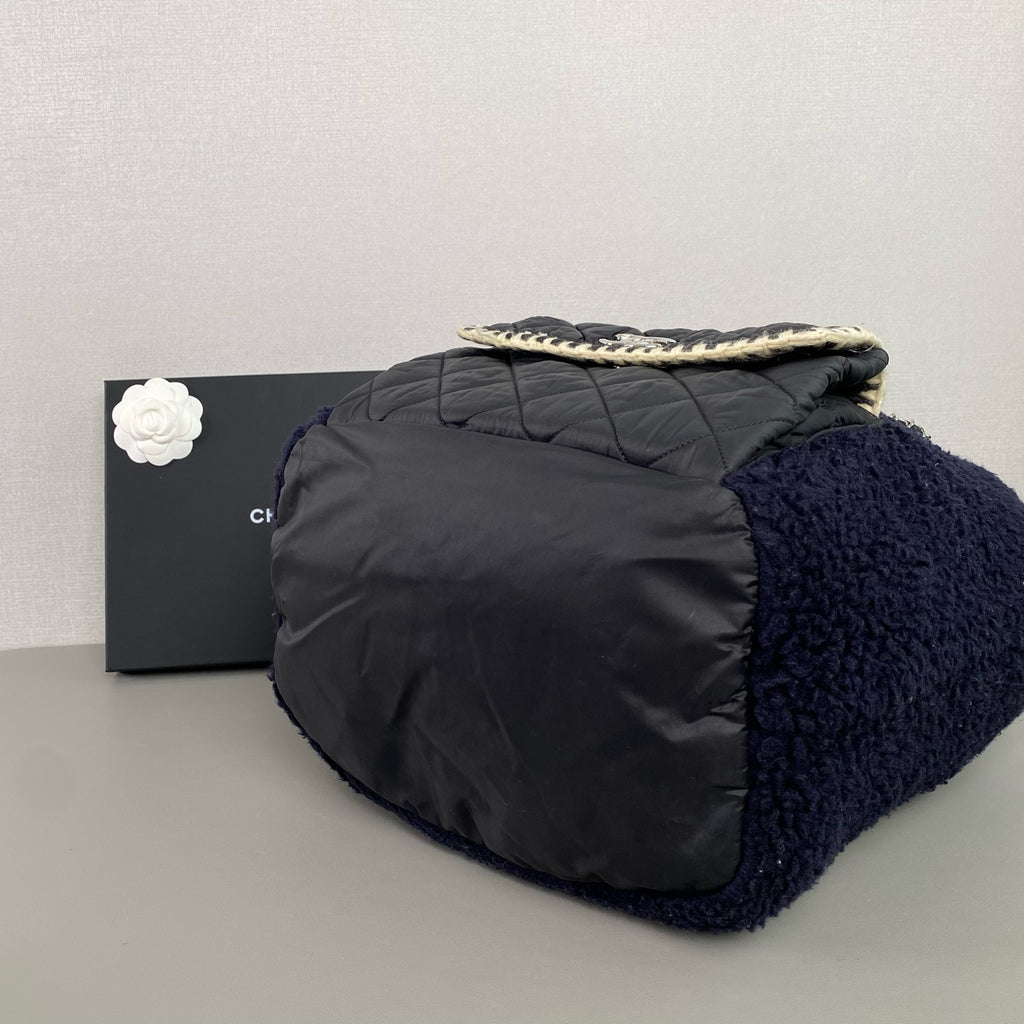 Chanel Fuzzy Backpack Navy Blue Bouclé Black Quilted Silver Hardware