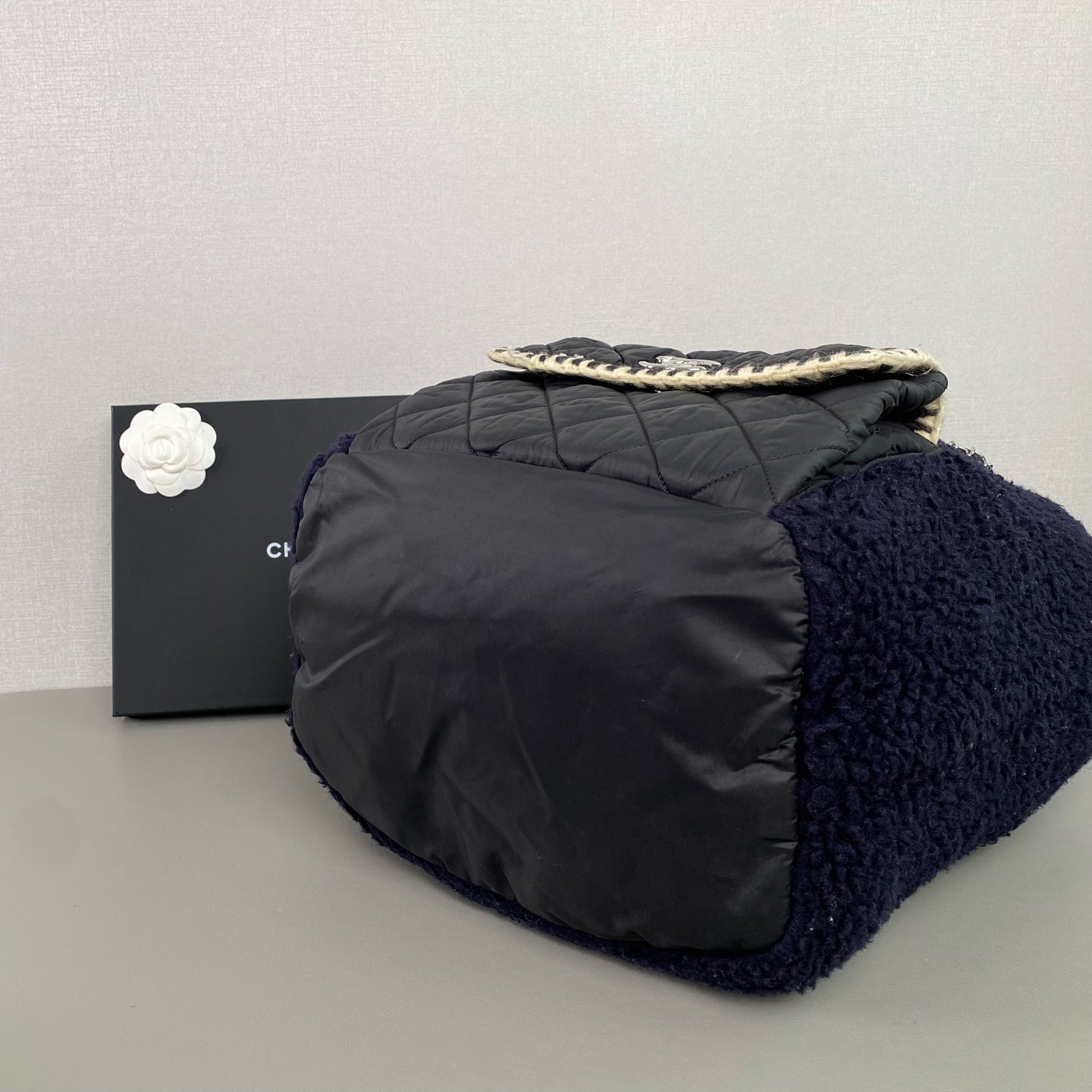 Chanel Fuzzy Backpack Navy Blue Bouclé Black Quilted Silver Hardware