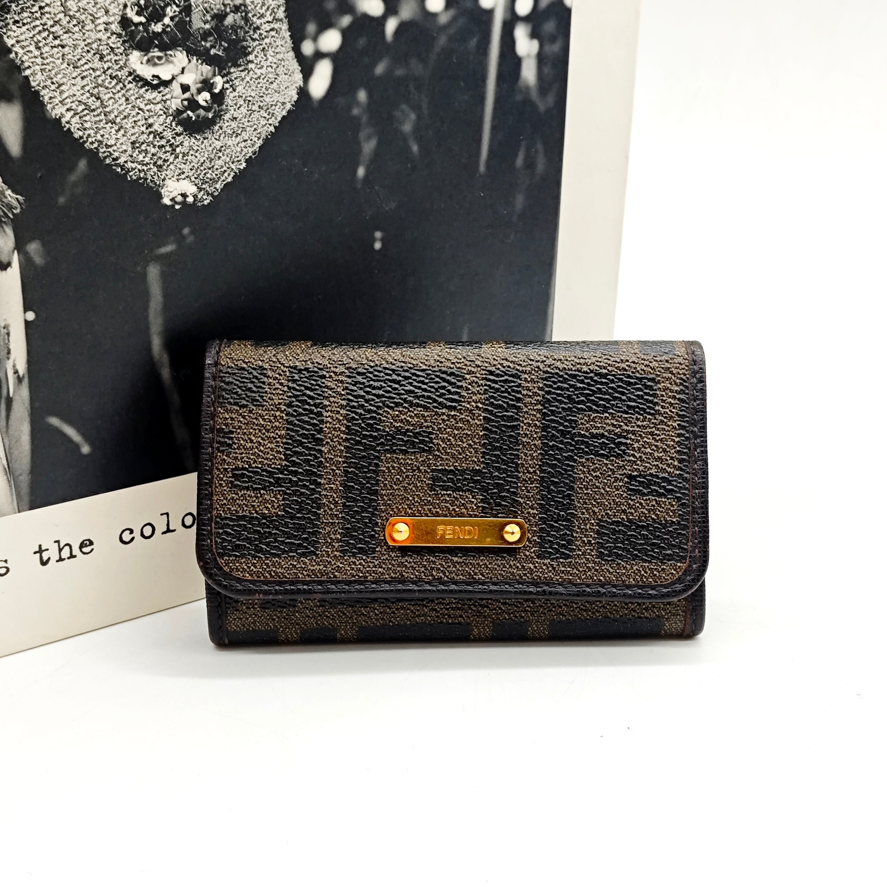 Fendi Zucca Compact Wallet Tobacco Brown Monogram Canvas Gold Hardware