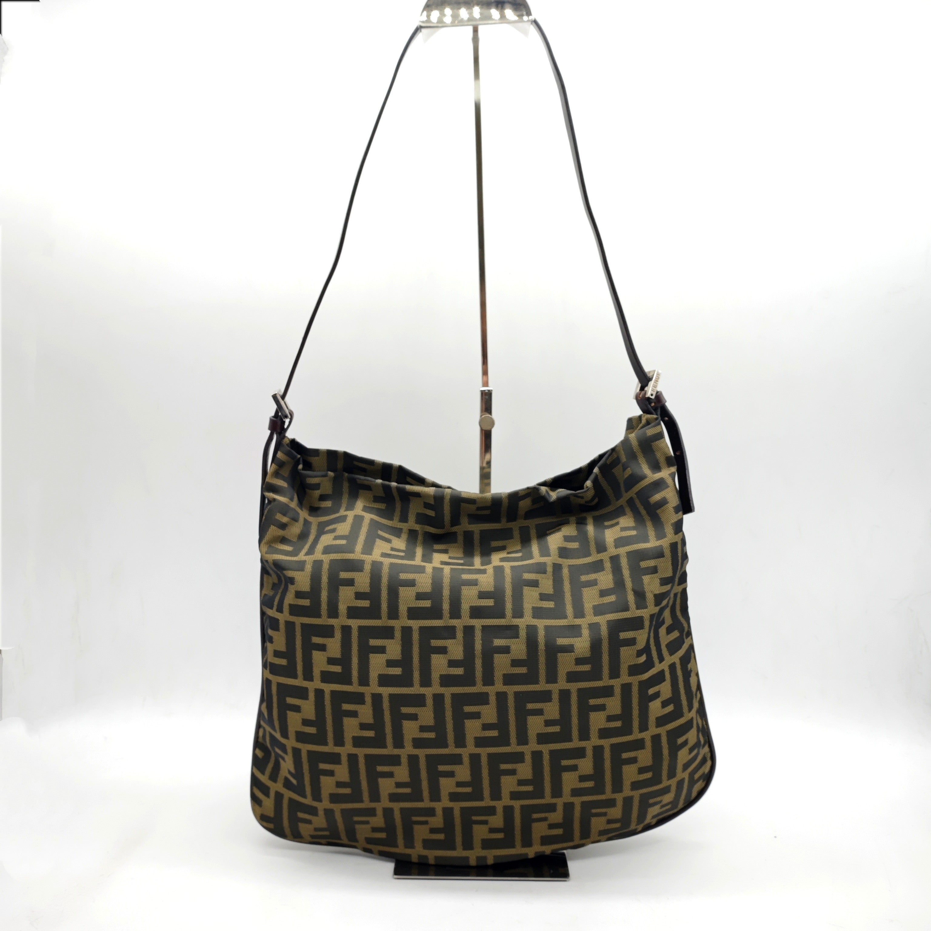 Fendi Zucca Shoulder Bag Tobacco Brown Monogram Canvas Silver Hardware